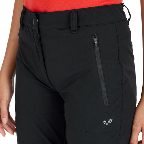 Schwarze Damen Merino Trekkinghose mit Zip Off Funktion und Reißverschlüssen.