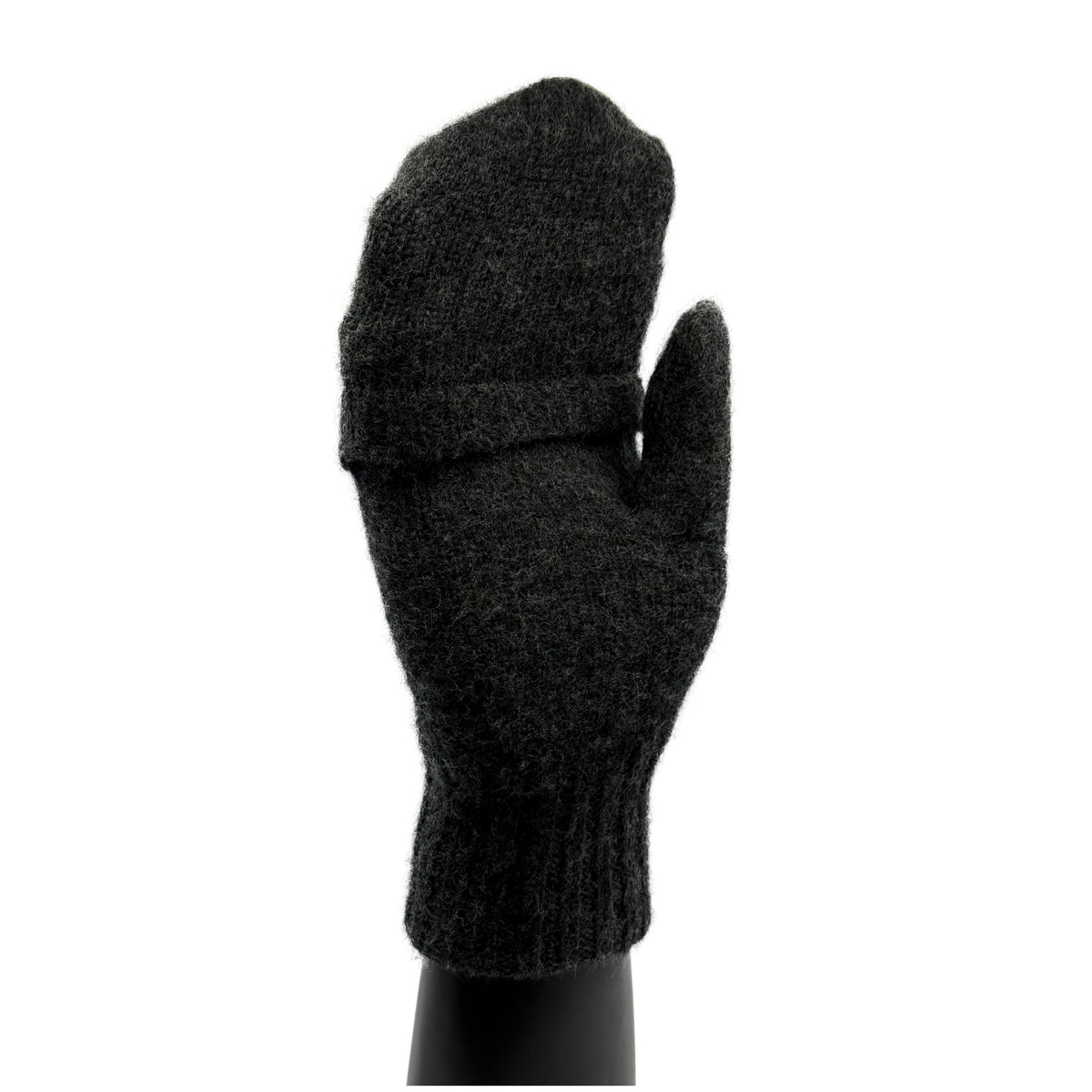 Eine Hand die ein Fäustling trägt aus Merino in Anthrazit und die Innenseite des Fäustling zeigt mit geschlossenen Fingern