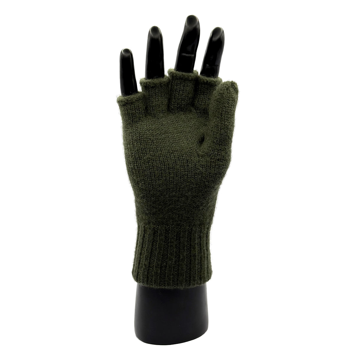 Eine Hand die ein Fäustling trägt aus Merino in Grün und die Innenseite des Fäustling zeigt mit offenen Fingern