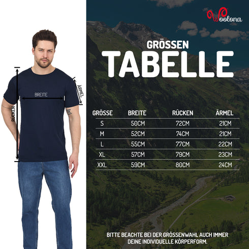 Größentabelle für Herren T-Shirt aus 100% Merinowolle im Pique Strick.