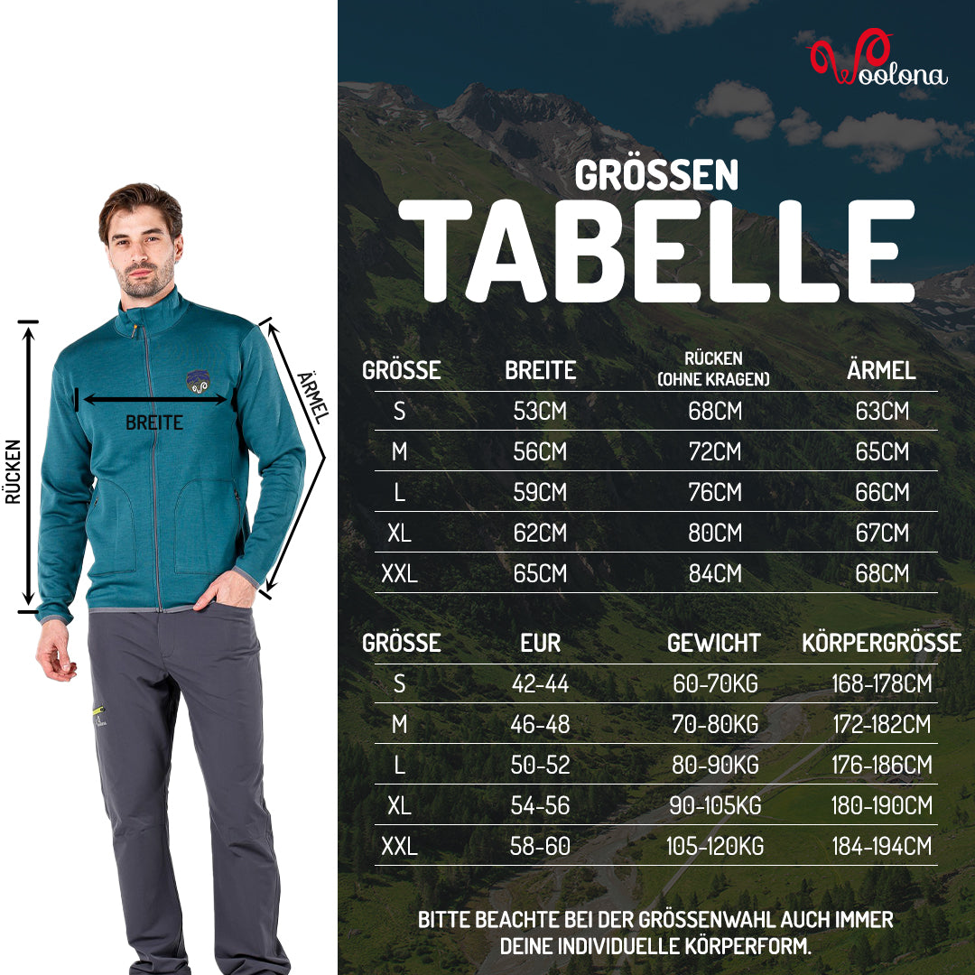 Größentabelle für 100% Merino Jacke für Herren