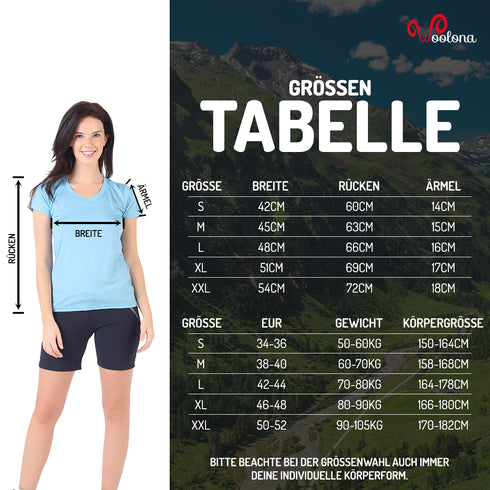 GrĂśĂentabelle fĂźr Damen V-Kragen T-Shirt aus 100% Merinowolle