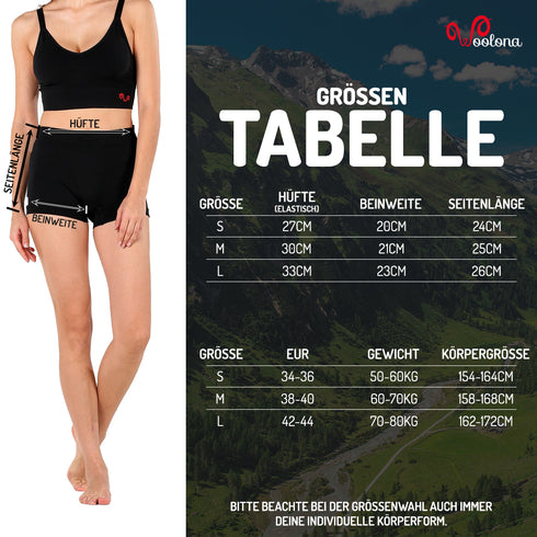Größentabelle für nahtlose Damen Merino Unterhose