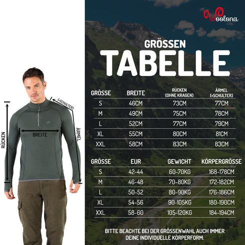 Größentabelle Für Herren Langarmshirt mit Daumenschlaufen aus 100% Merinowolle