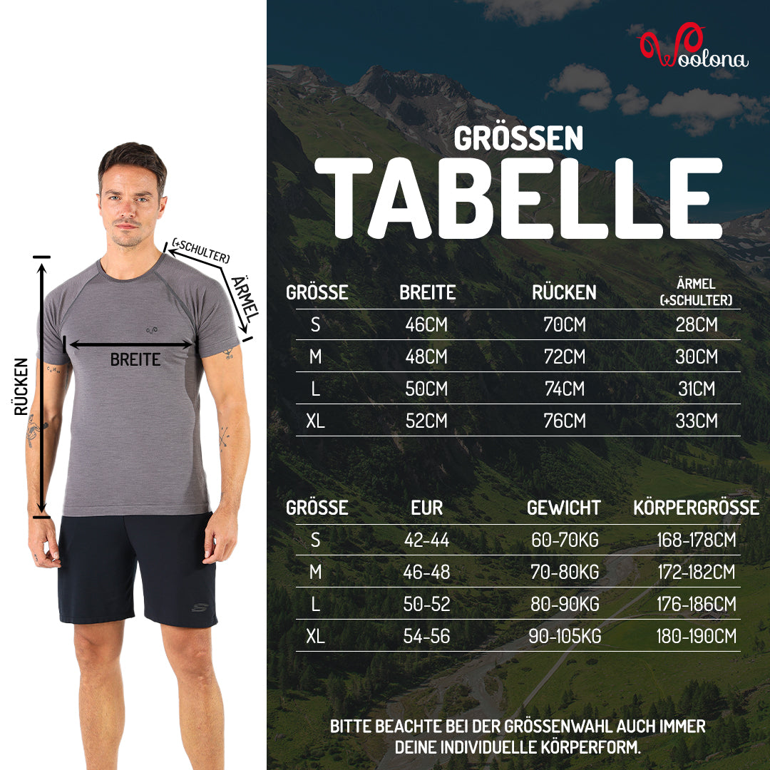 Größentabelle für Seamless T-Shirt aus Merino für Herren