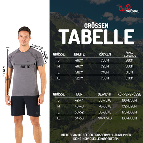 GrĂśĂentabelle fĂźr Seamless T-Shirt aus Merino fĂźr Herren