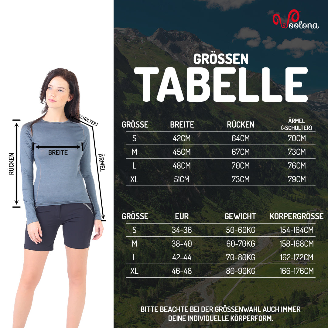 Größentabelle für Damen Langarmshirt aus 100% Merinowolle