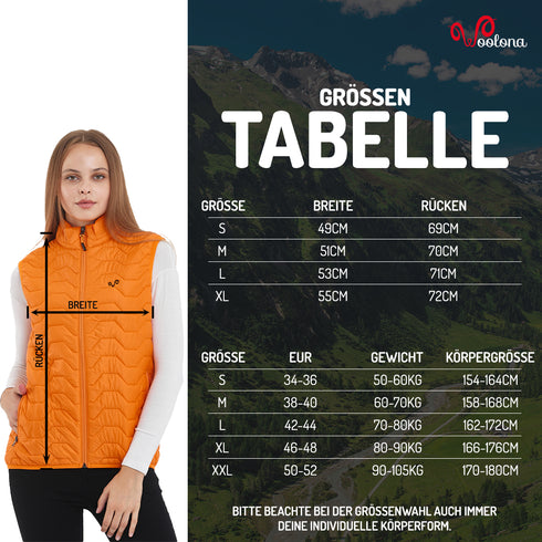 Größentabelle für Damen Weste mit Schurwolle als Innenfutter