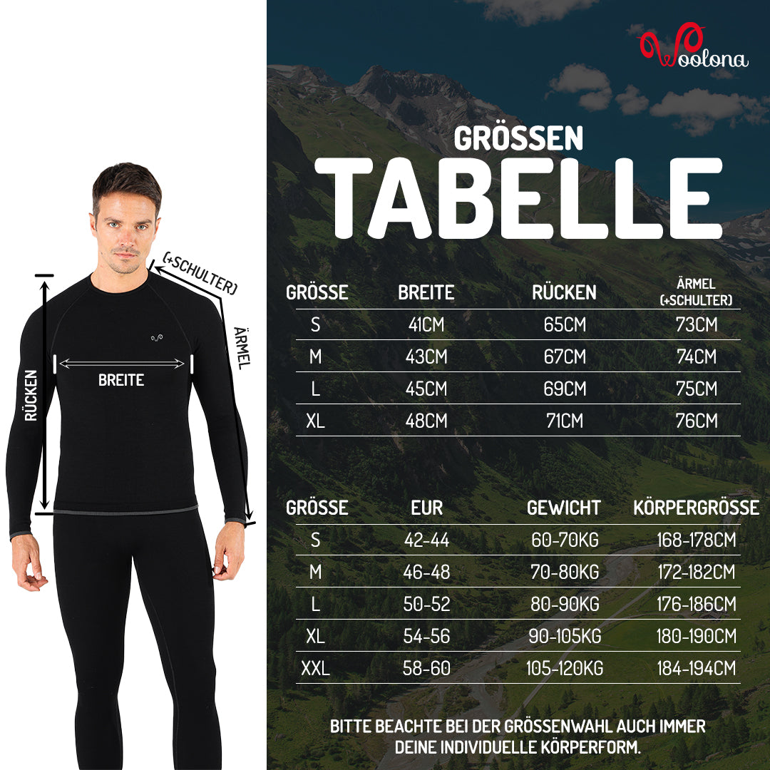 Größentabelle für Seamless Herren Langarmshirt aus Merino