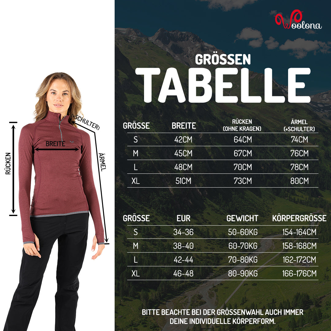 Größentabelle für Damen Langarmshirt mit Daumenschlaufen aus 100% Merinowolle