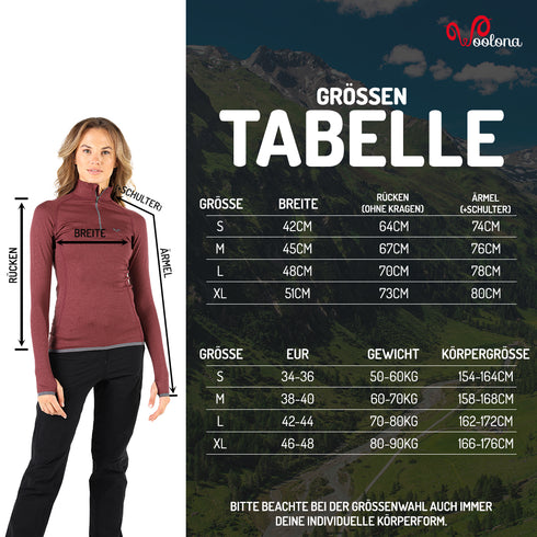 Größentabelle für Damen Langarmshirt mit Daumenschlaufen aus 100% Merinowolle