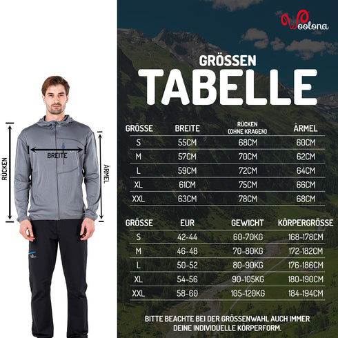 GrĂśĂentabelle fĂźr Herren 100% Merino Kapuzenjacke