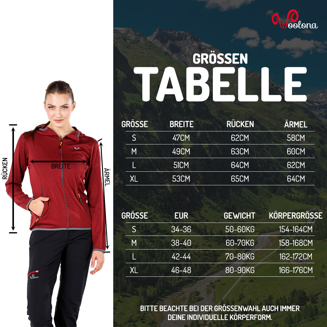 Größentabelle für Damen Kapuzenjacke aus 100% Merinowolle