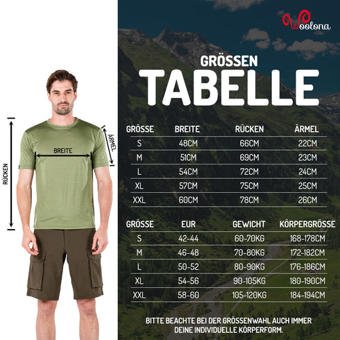 Größentabelle für Merino Herren T-Shirt