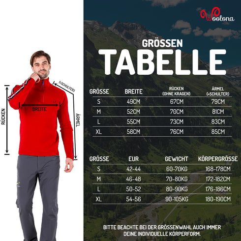 Größentabelle für 100% Merino Strickpullover für Herren