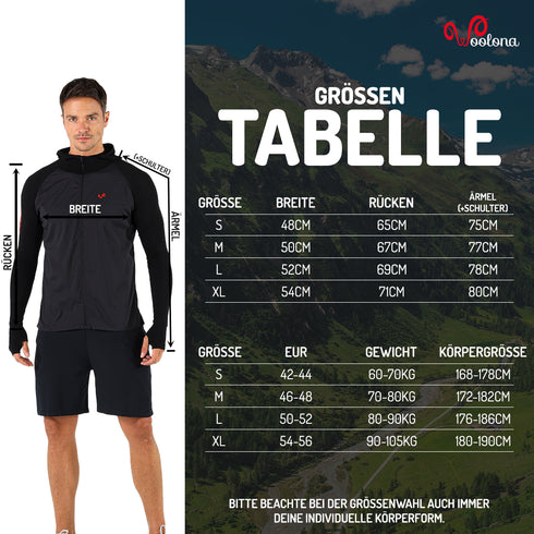 GrĂśĂentabelle fĂźr Herren Seamless Sport Jacke aus Merinowolle