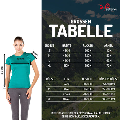 GrĂśĂentabelle fĂźr Damen Rundhals T-Shirt aus 100% Merinowolle