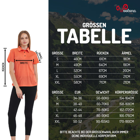 Größentabelle für Damen Polo-Shirt aus 100 Prozent Merinowolle