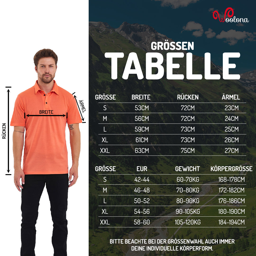 Größentabelle für Herren Merino Polo Shirt