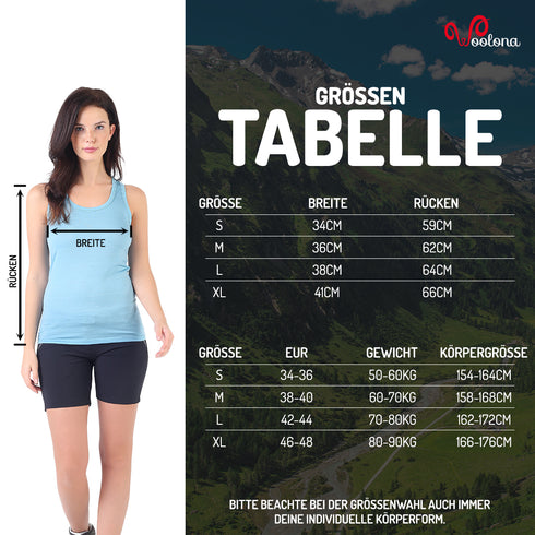 Größentabelle Merino Tanktop für Damen aus 100% Merinowolle