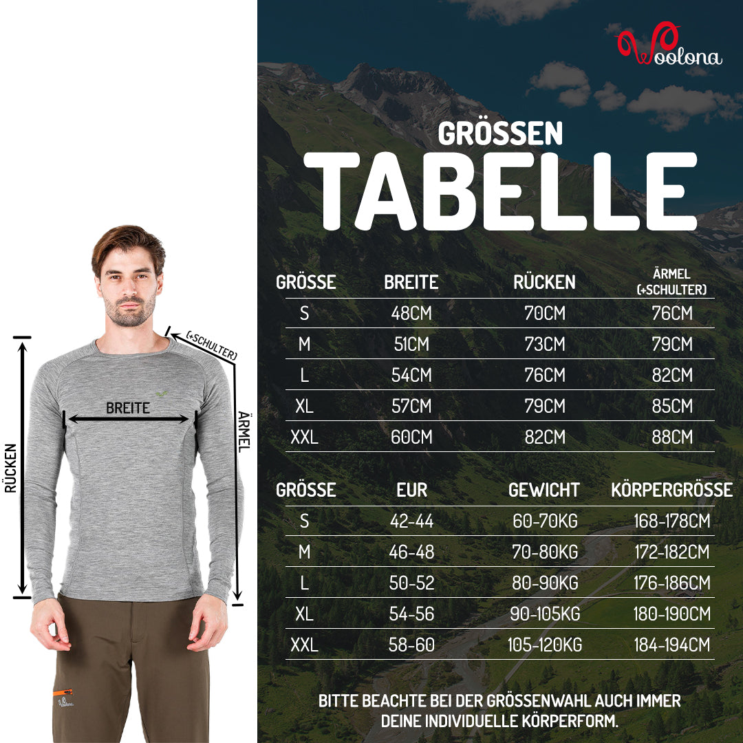Größentabelle für Merino Herren Baselayer