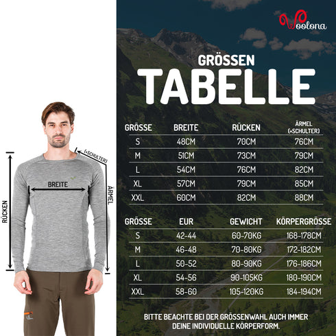 GrĂśĂentabelle fĂźr Merino Herren Baselayer