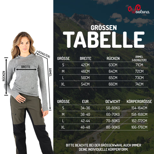 Größentabelle für Damen Hoodie aus Merinowolle