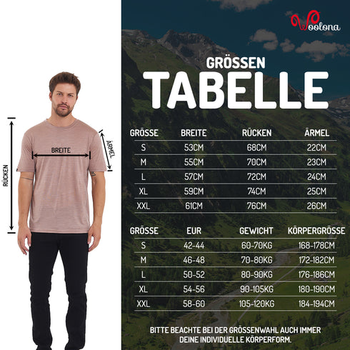 Größentabelle für Merino und Lyocell T-Shirt