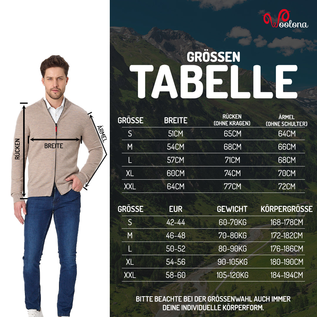 Grössentabelle Merino Jacke Woolona