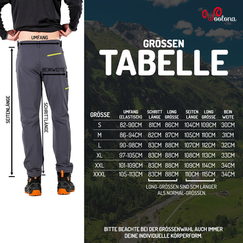 Größentabelle für Herren Trekkinghose mit Merino Innenfutter