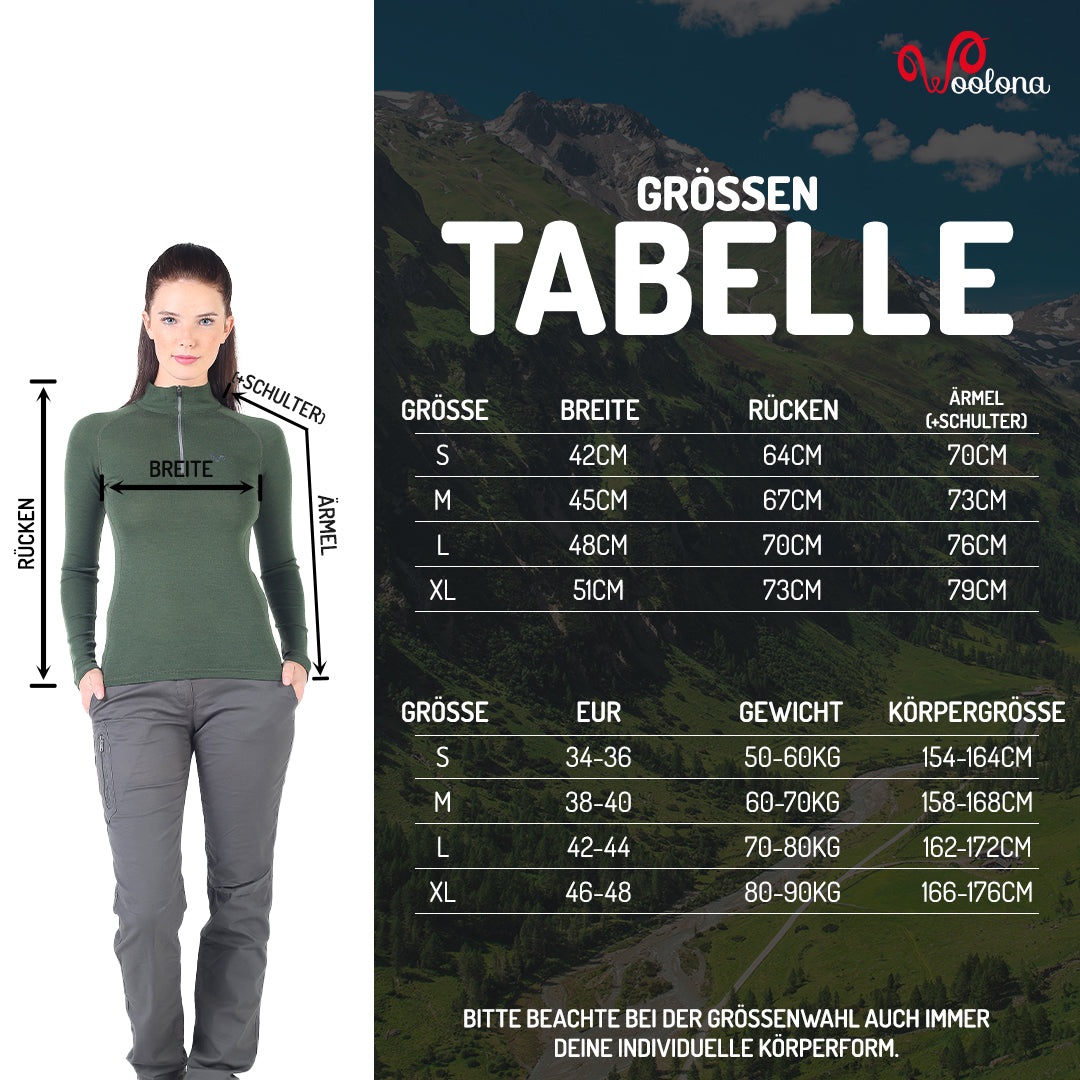 Größentabelle für Damen Baselayer aus 100% Merinowolle mit viertel Zip