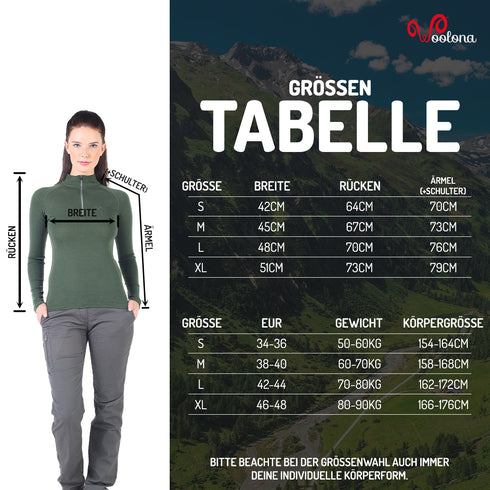 Größentabelle für Damen Baselayer aus 100% Merinowolle mit viertel Zip