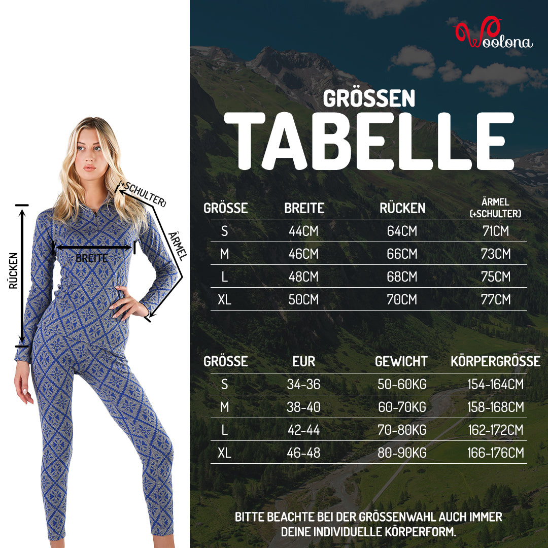Größentabelle für Langarmshirt aus 100 Prozent Merinowolle für Damen