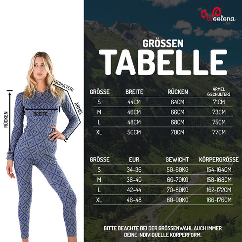 Größentabelle für Langarmshirt aus 100 Prozent Merinowolle für Damen
