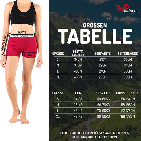 Größentabelle für Damen Boxershorts aus 100% Merinowolle