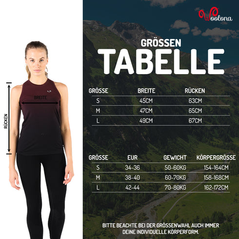 Größentabelle für Seamless Tanktop für Damen aus Merino
