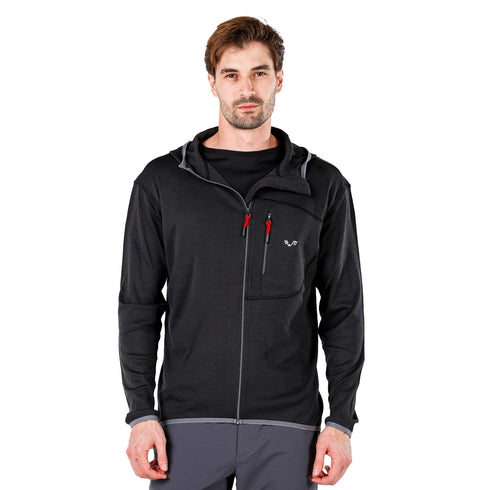 Schwarzer Merino Hoodie mit grauen Akzenten und Zip