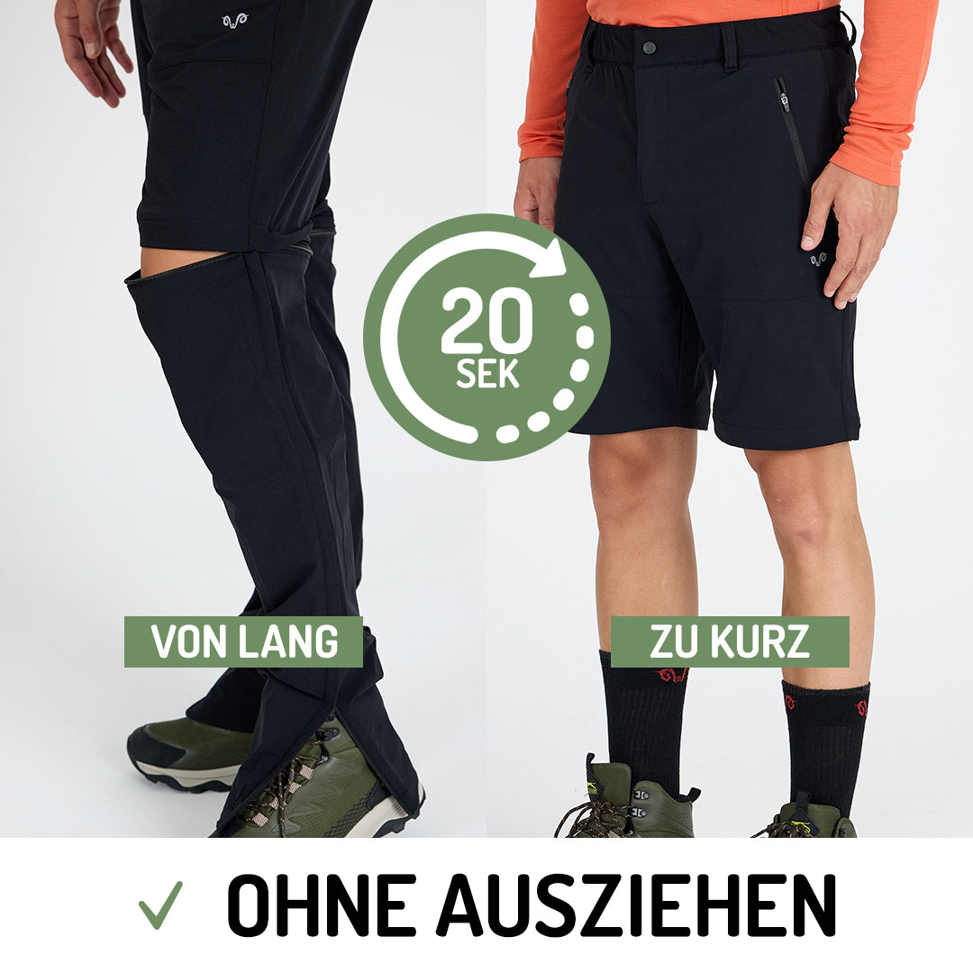 Mann mit einer ZipOff Trekkinghose aus Merino in lang und kurz, zeigt beide Optionen. Hosenfarbe ist schwarz.