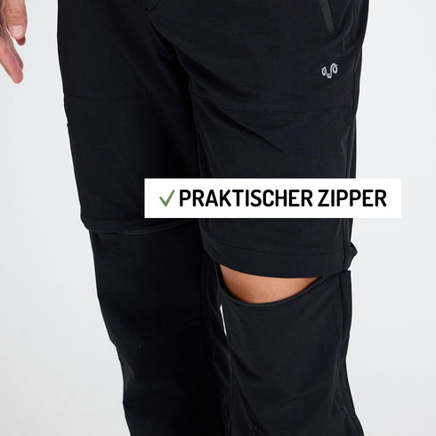 Ansicht einer Merino Zip-Off Outdoorhose in der Farbe schwarz. Der Zipper ist offen.