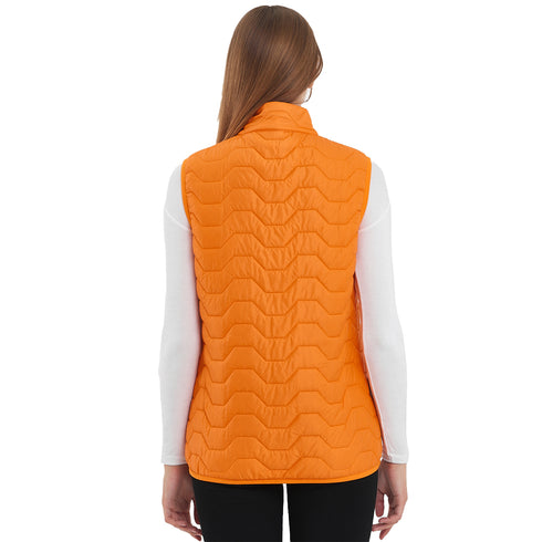 Rücken der orangen Outdoorweste für Damen von Woolona