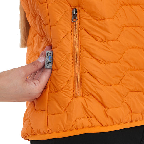 orangene Outdoorweste mit Lavalan Innenfutter aus europäischer Schurwolle und Taschen mit Reißverschluss