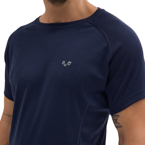 Navy Blaues T-Shirt aus Merinowolle mit Woolona Logo in Grau