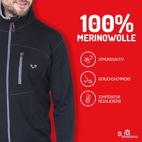 Mann in einem atmungsaktiven schwarzen Merino-Hoodie.