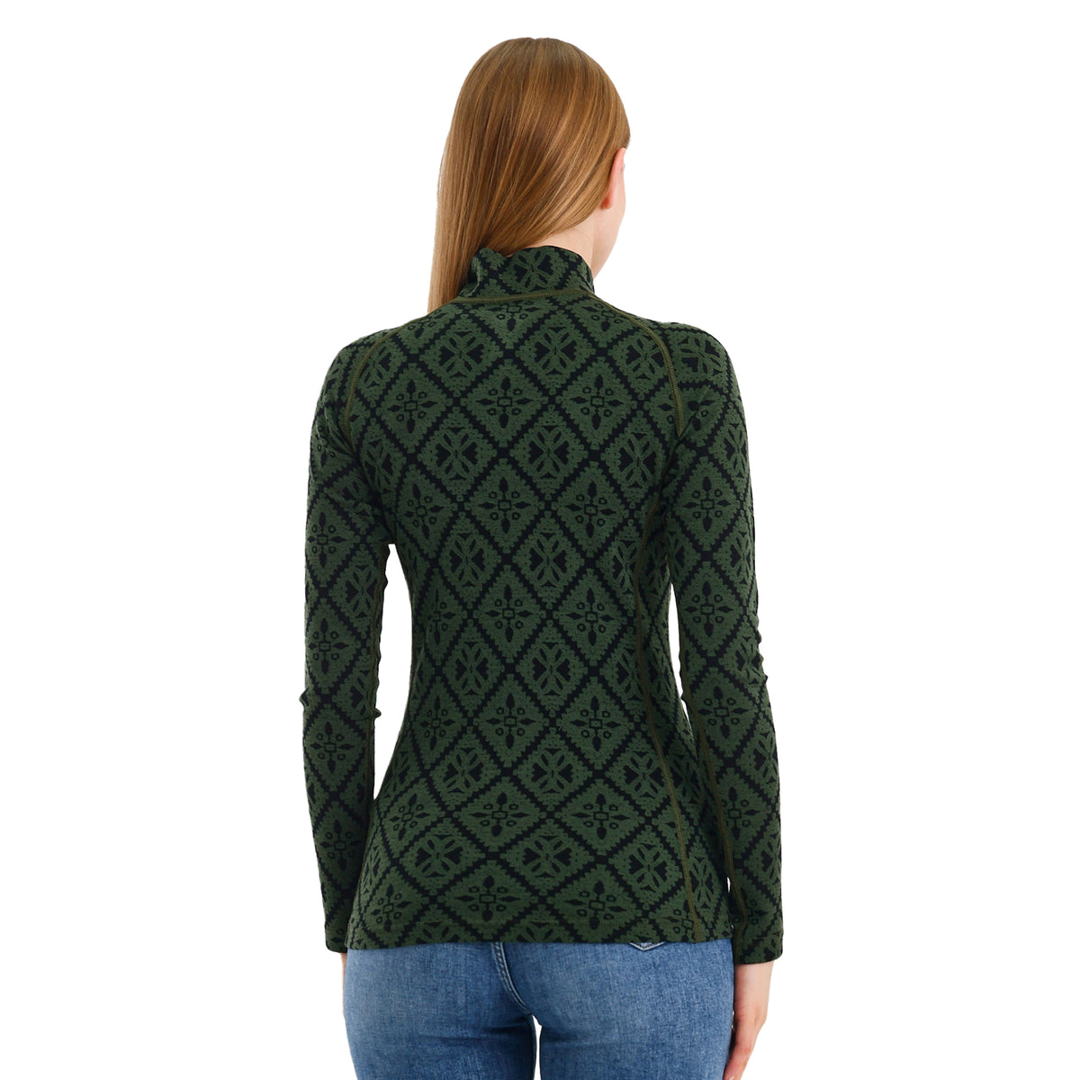 Damen Merino Langarm in Grün mit Viertel Reißverschluss am Kragen.