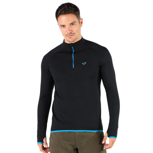Langarmshirt schwarz aus 100% Merinowolle mit 1/4 Zip