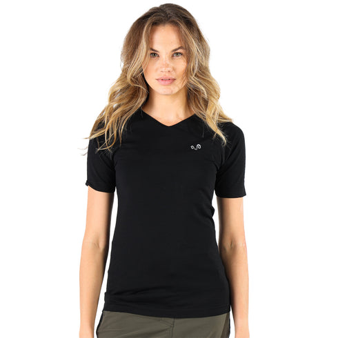 Merinoshirt fĂźr Damen in der Farbe Schwarz mit rotem Logo