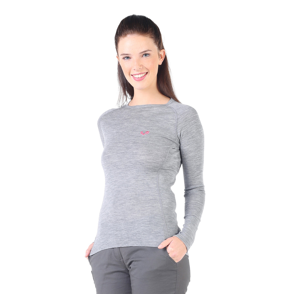 Merino Langarmshirt in Grau mit pinken Logo