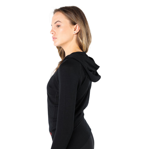 Kapuzenshirt aus Merinowolle für Damen in der Farbe schwarz