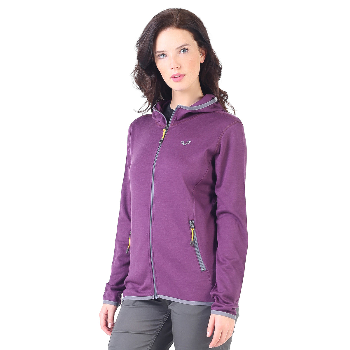 Merino Hoodie in lila mit grauen Zip