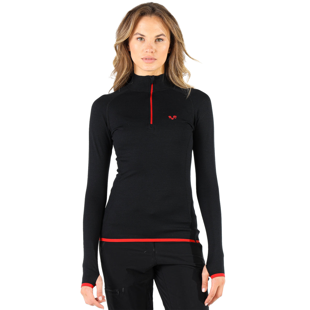 Schwarzes Langarmshirt aus 100% Merinowolle mit rotem Reißverschluss